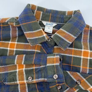 Duluth Trading Women's Long Sleeve Flannel Shirt Orange Blue Plaid Size Medium